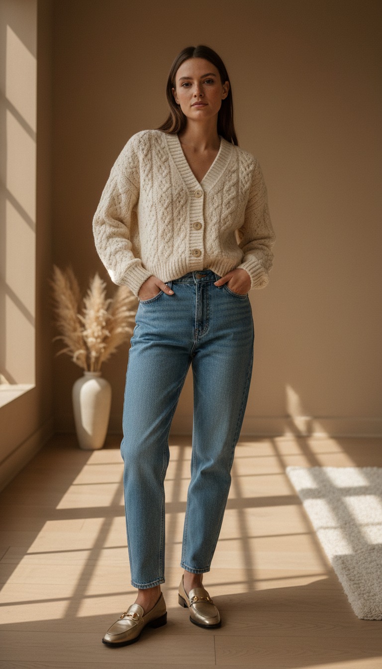 Cozy Knit with cable sweater and jeans