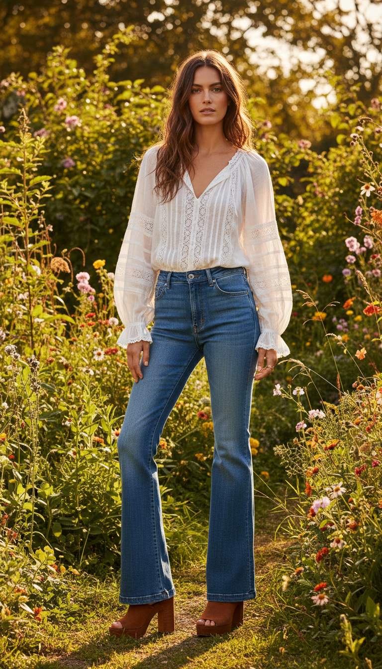 Bohemian Flair with lace blouse and flared jeans