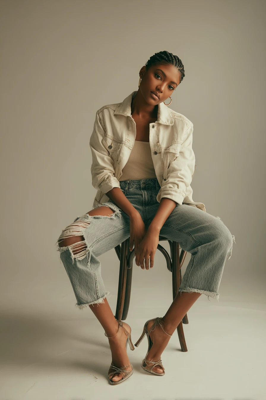 Distressed jeans with neutral jacket