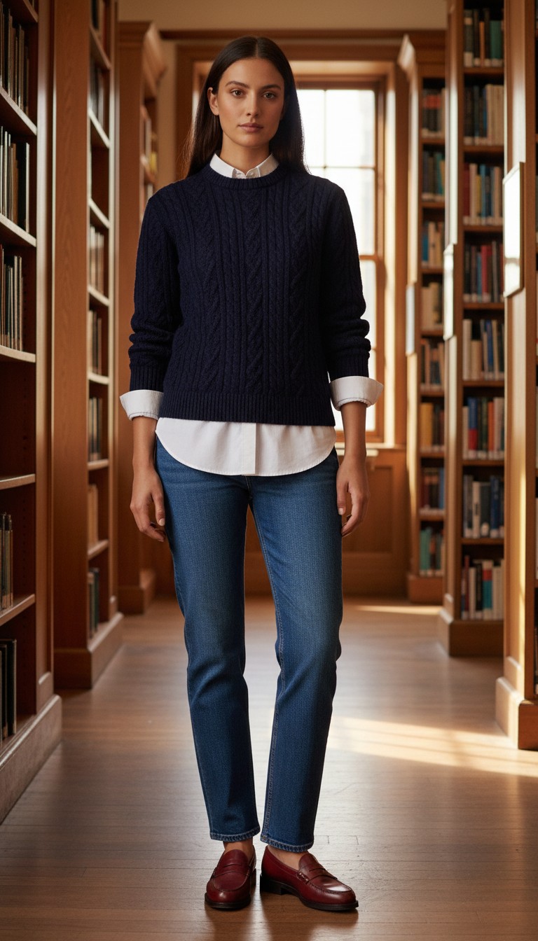 Cable knit with jeans in library setting