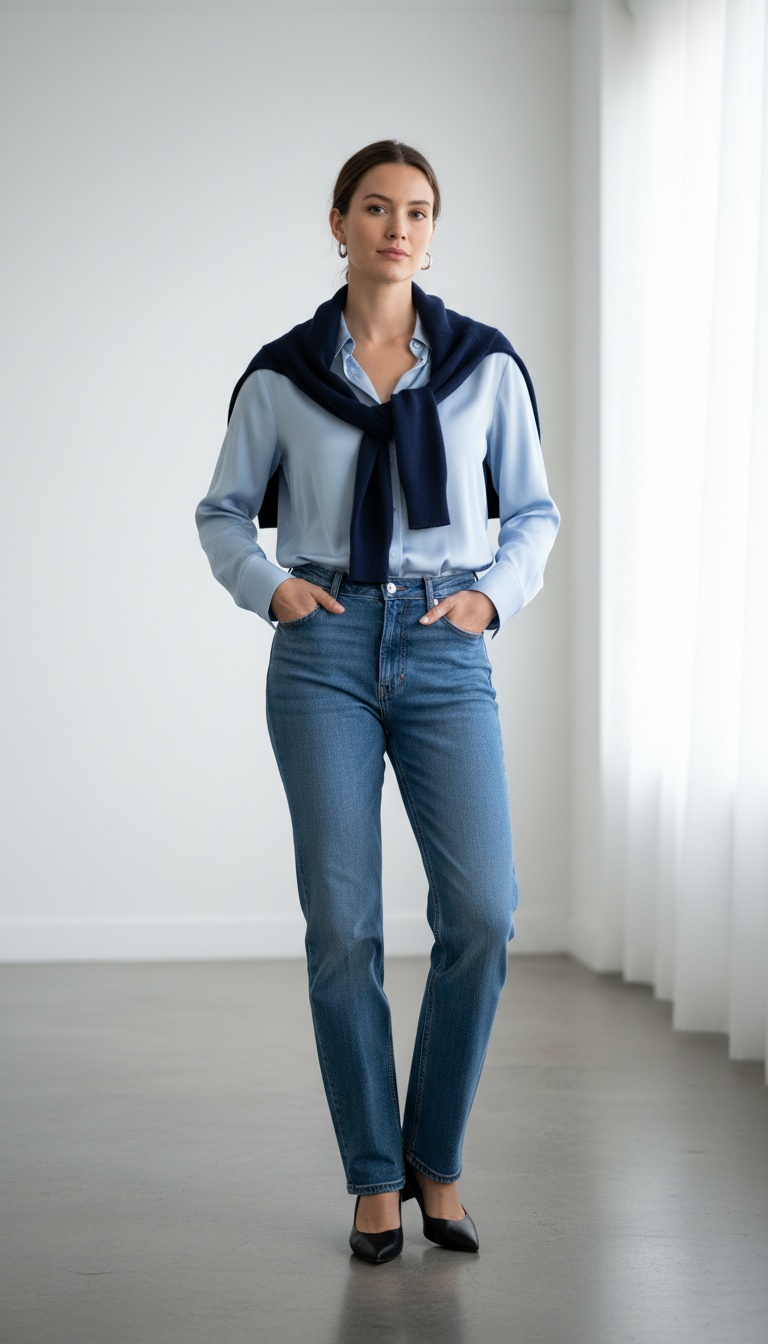 Layered shirt and sweater with classic jeans