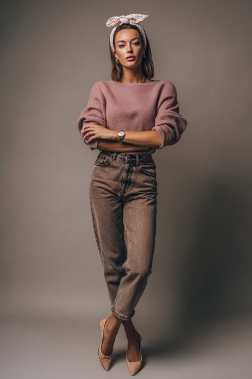 Pastel sweater with cuffed jeans