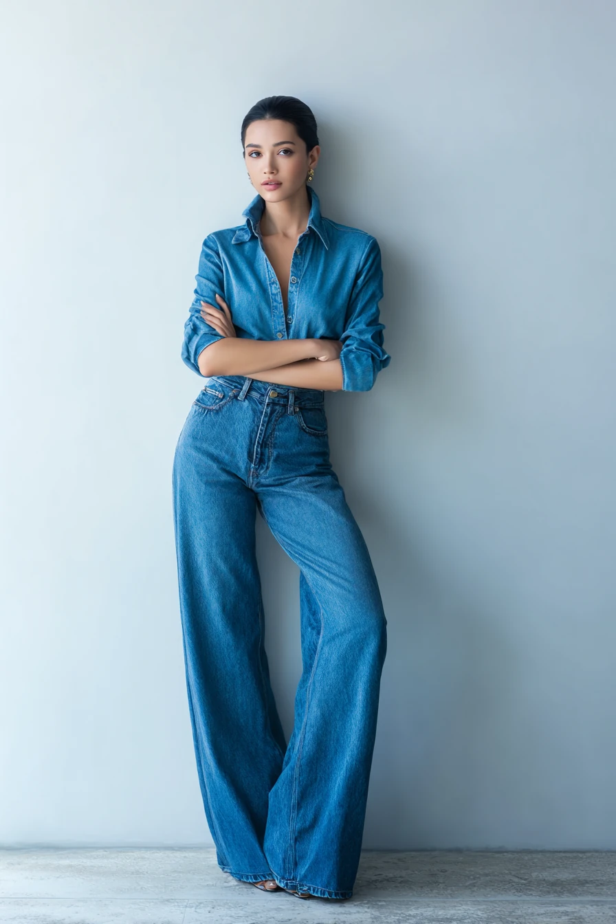 Chambray shirt with wide jeans