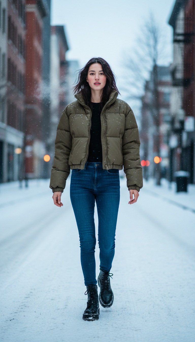 Puffer jacket with skinny jeans