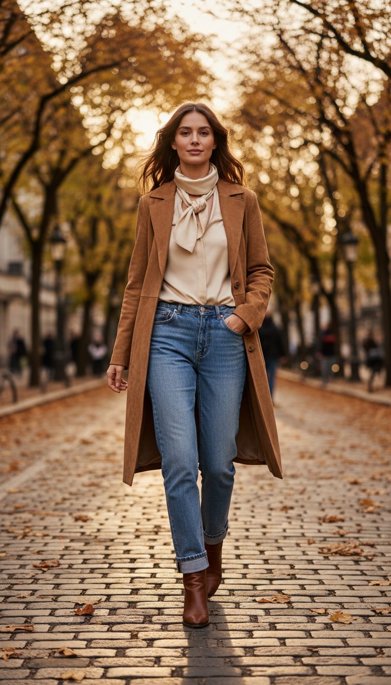 Camel coat with jeans and boots