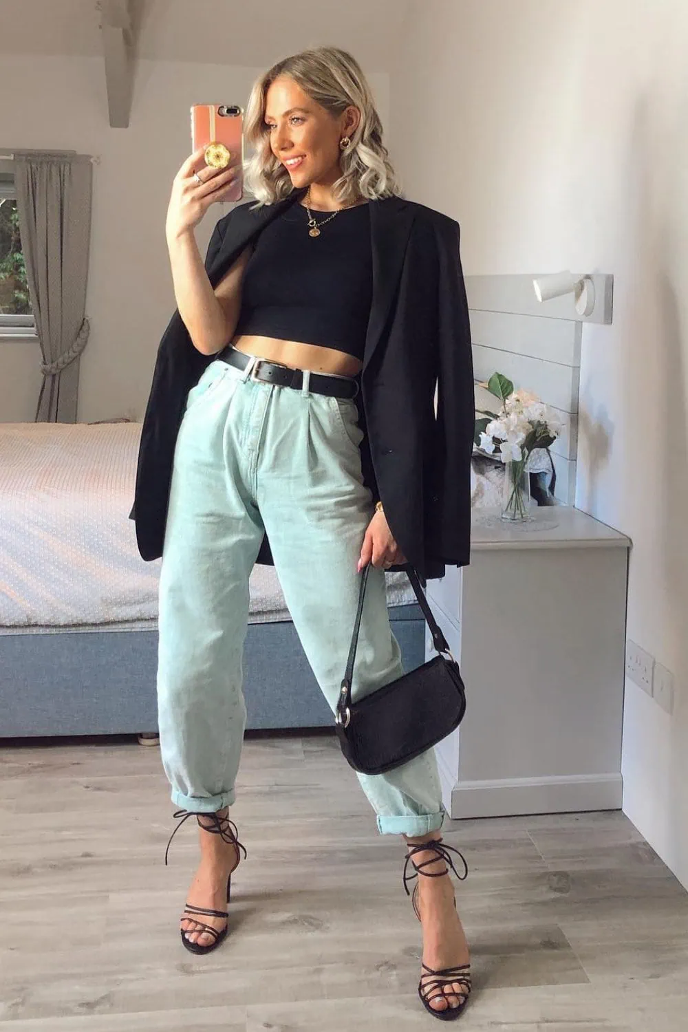 Black blazer with light jeans