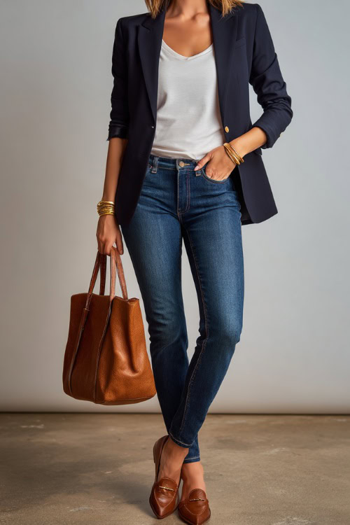 Navy blazer with jeans and loafers