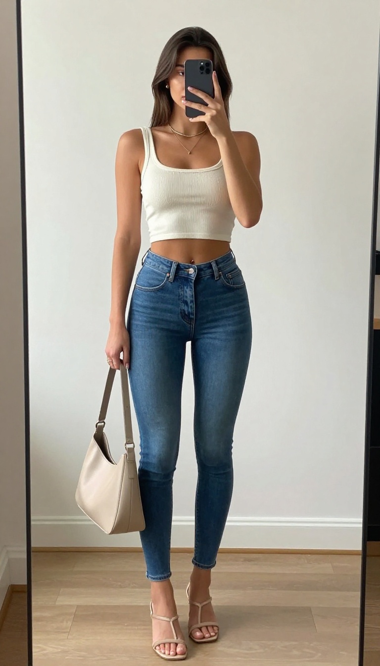 Crop top with high-rise jeans