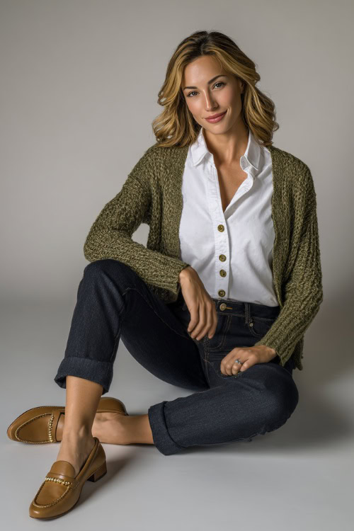 Knit cardigan with dark jeans