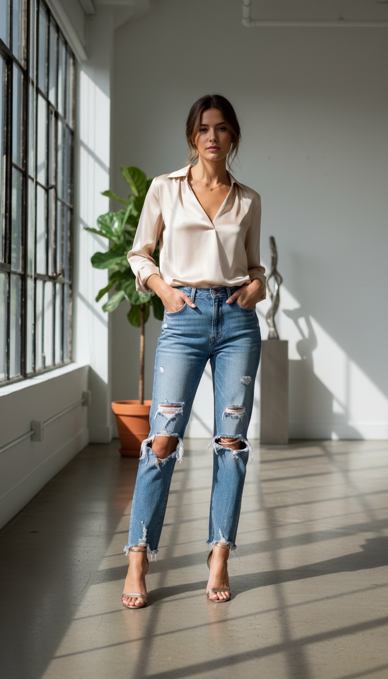 Silk blouse with distressed jeans