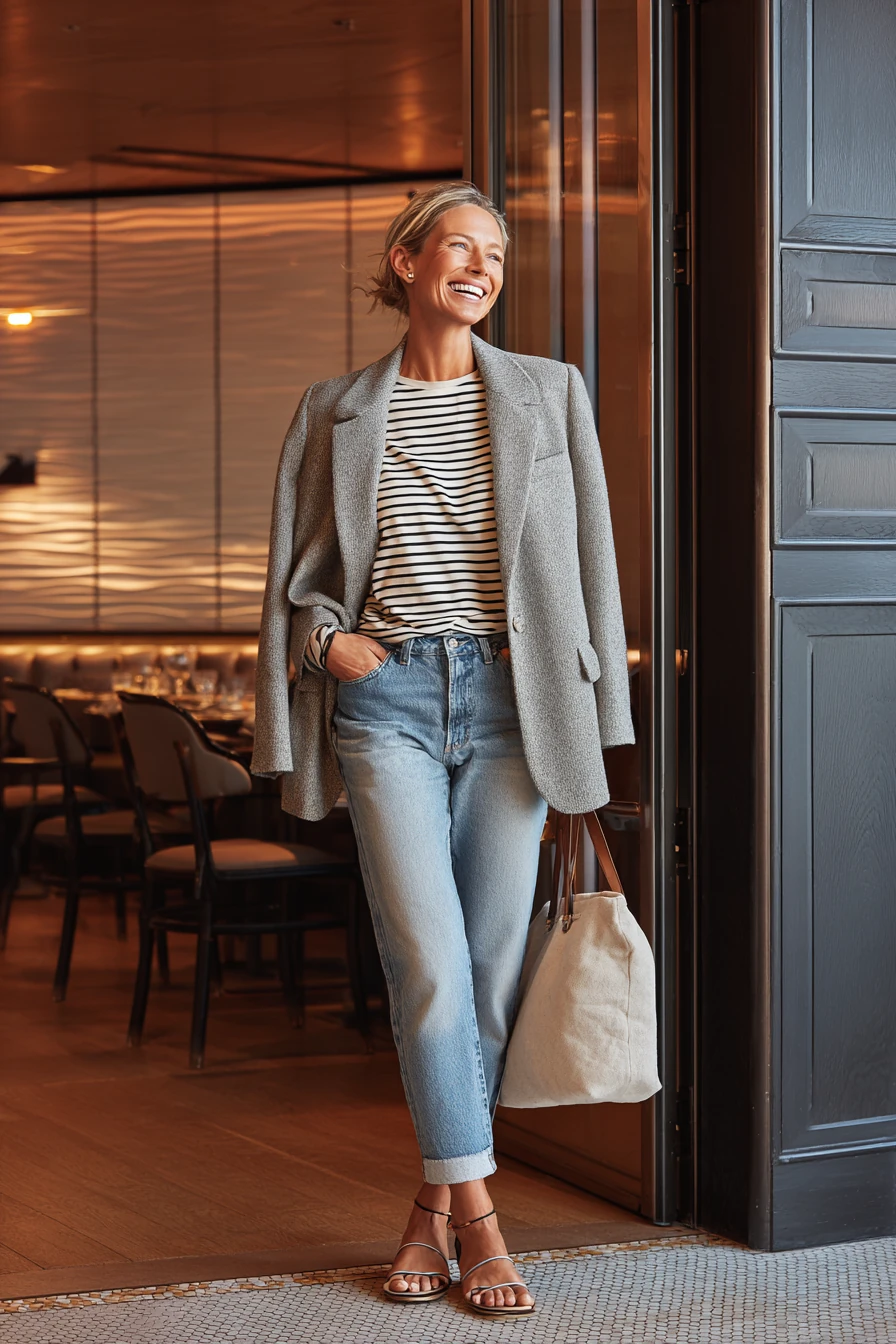 Striped tee and blazer with jeans