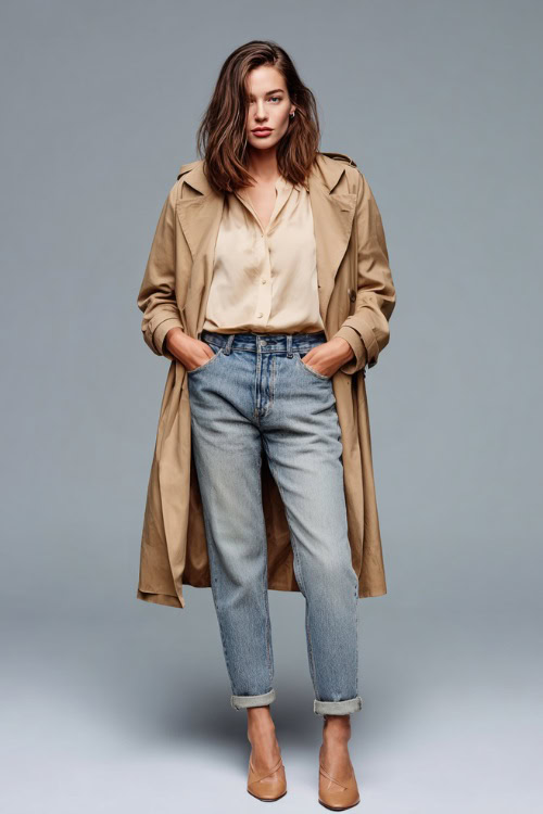 Trench coat with jeans and blouse
