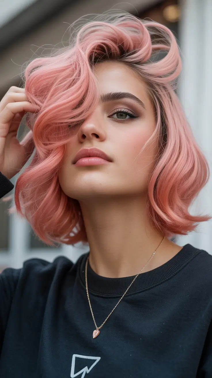 Playful pink wavy bob with volume
