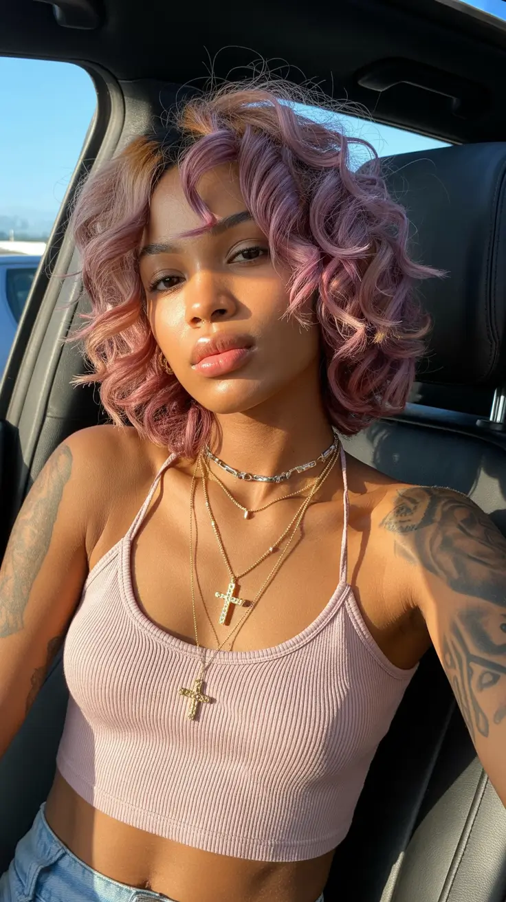 Lavender curly bob with vibrant appeal