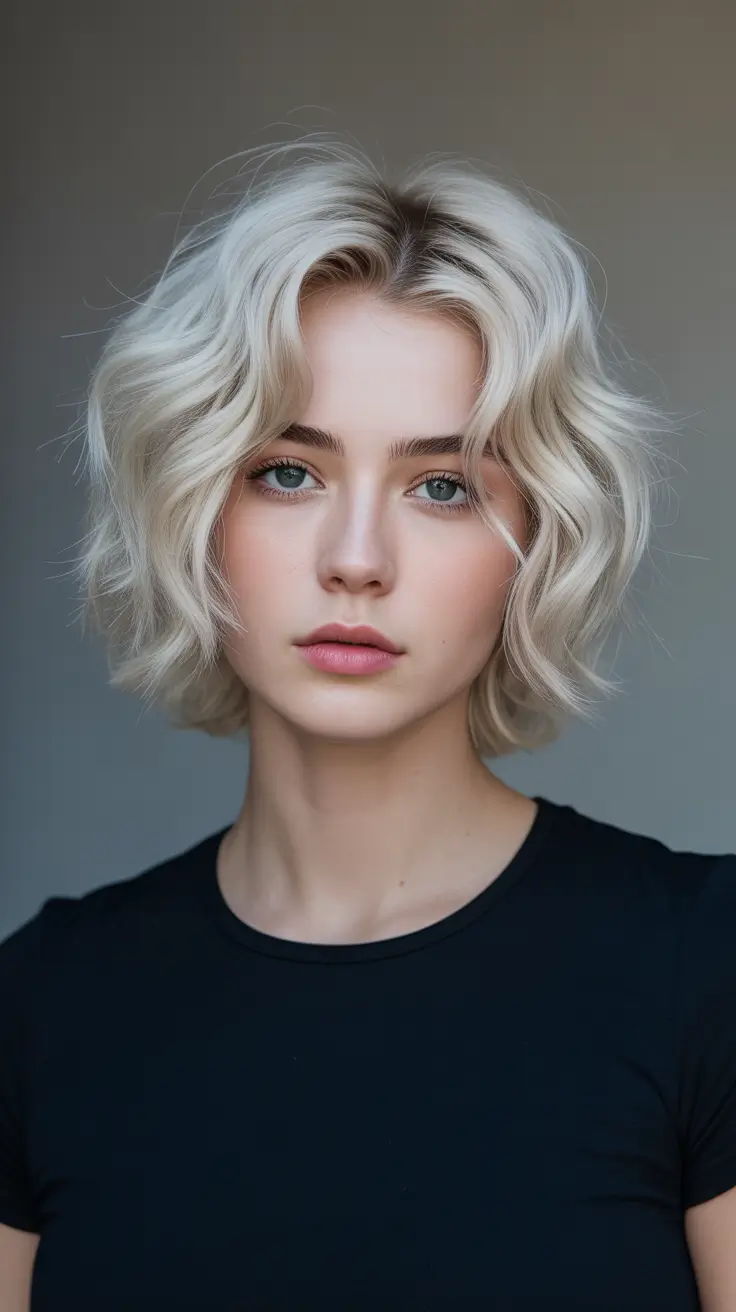 Platinum blonde wavy bob with soft texture