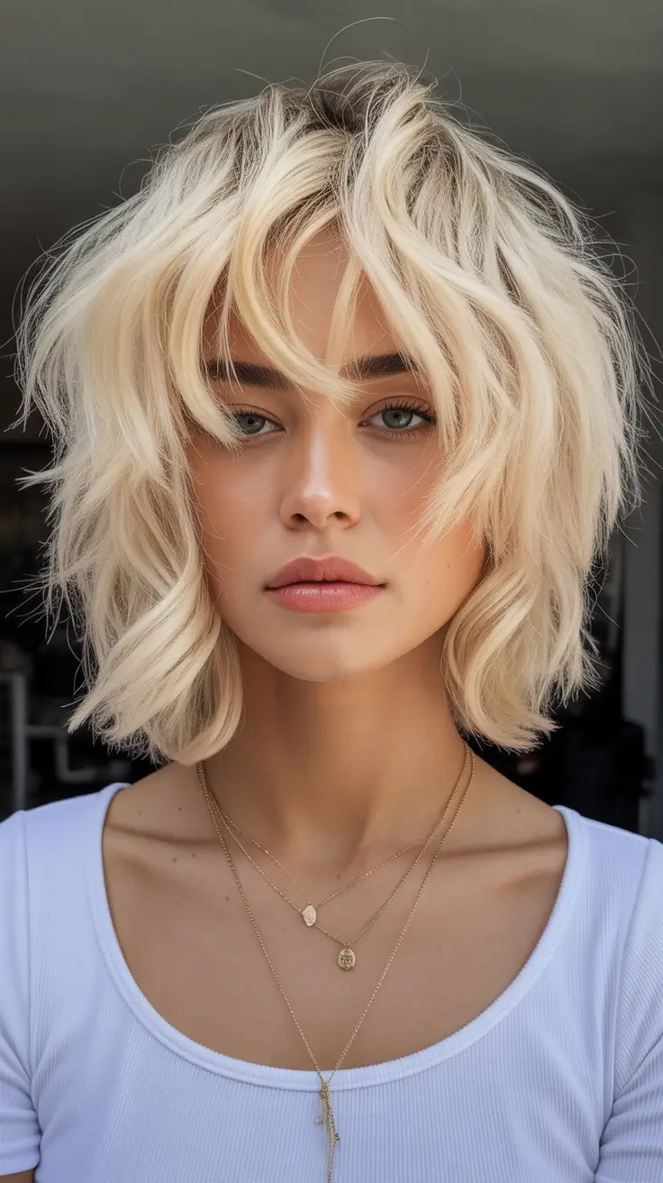 Textured blonde bob with soft waves and layers