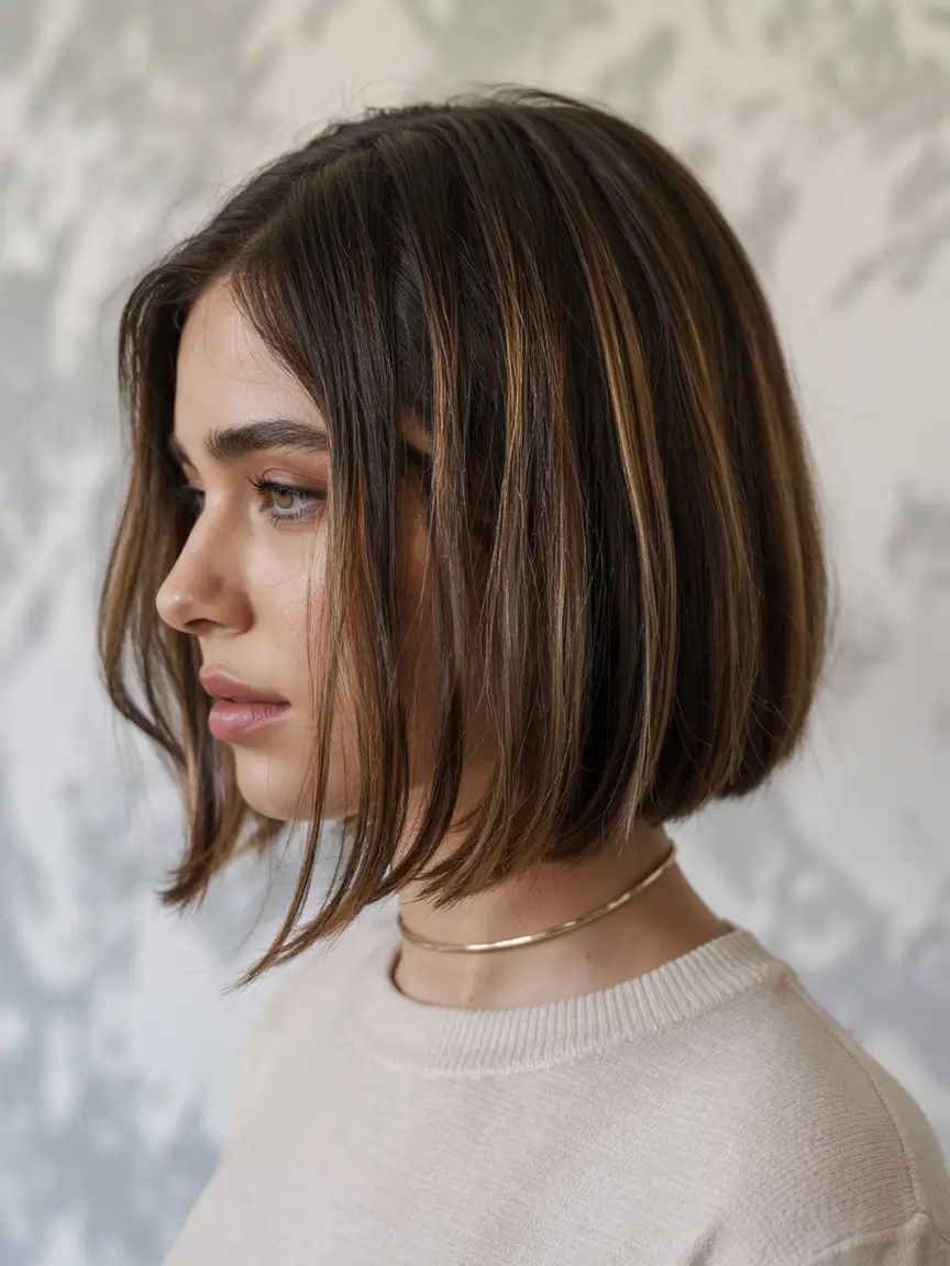Sleek bob with caramel highlights for dimension