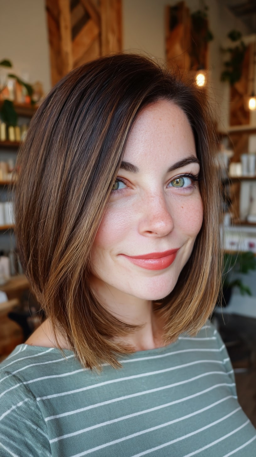 Glossy chestnut bob with subtle layers for shine