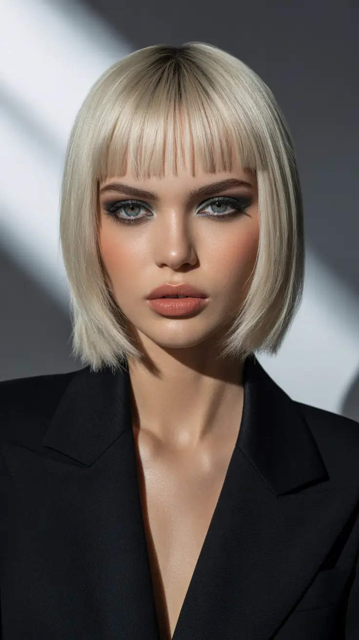 Blunt platinum bob with micro bangs for edgy elegance