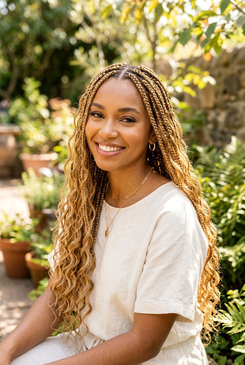Golden box braids with soft beachy waves