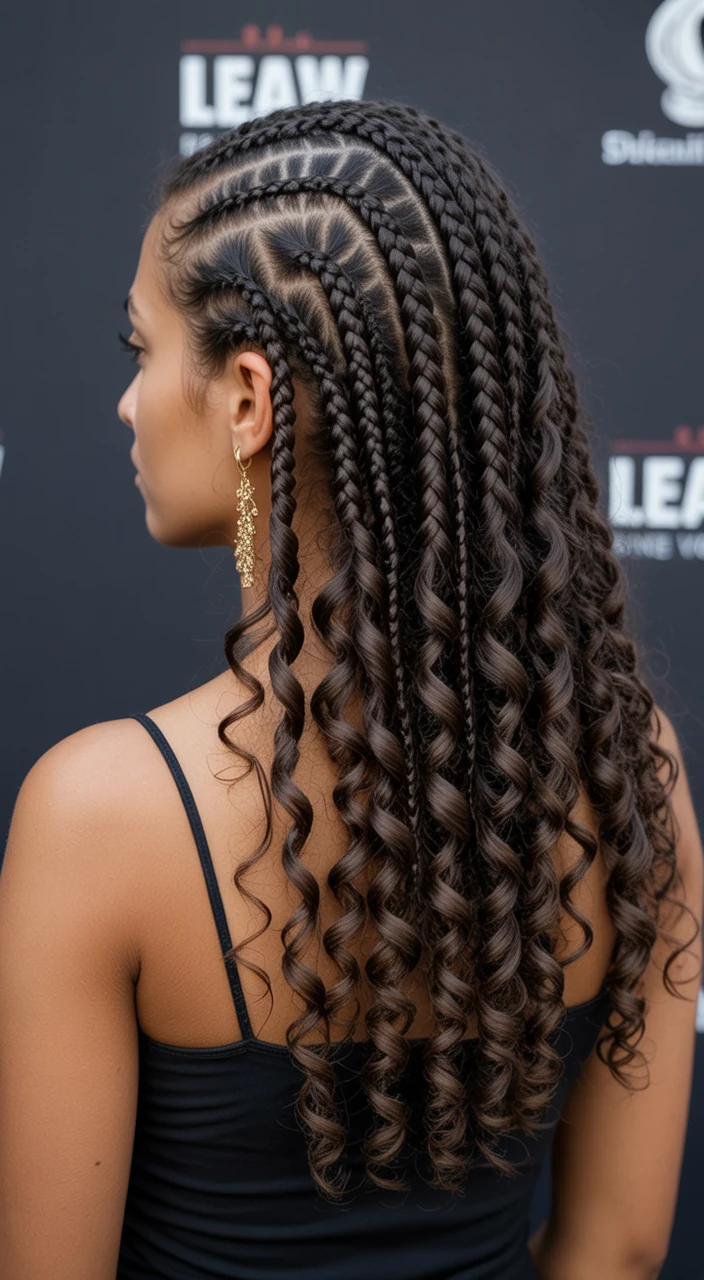 Intricate cornrow box braids with defined curls
