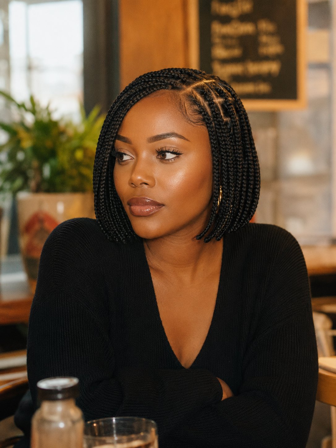 Box braid bob with defined side part
