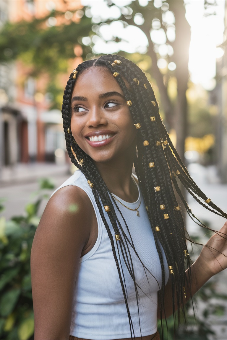 Long box braids with golden beads