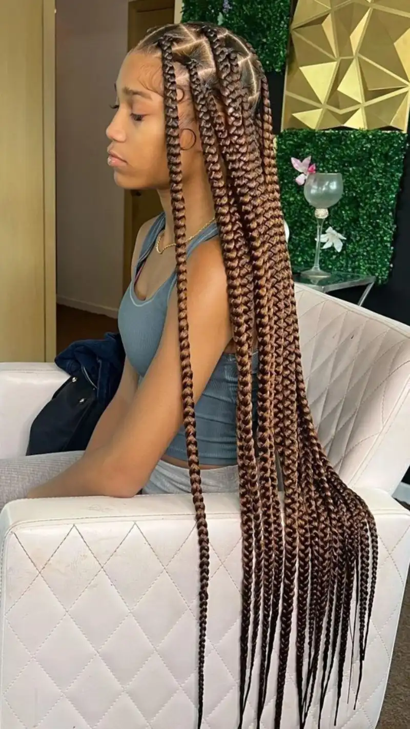 Extra long box braids with defined parts