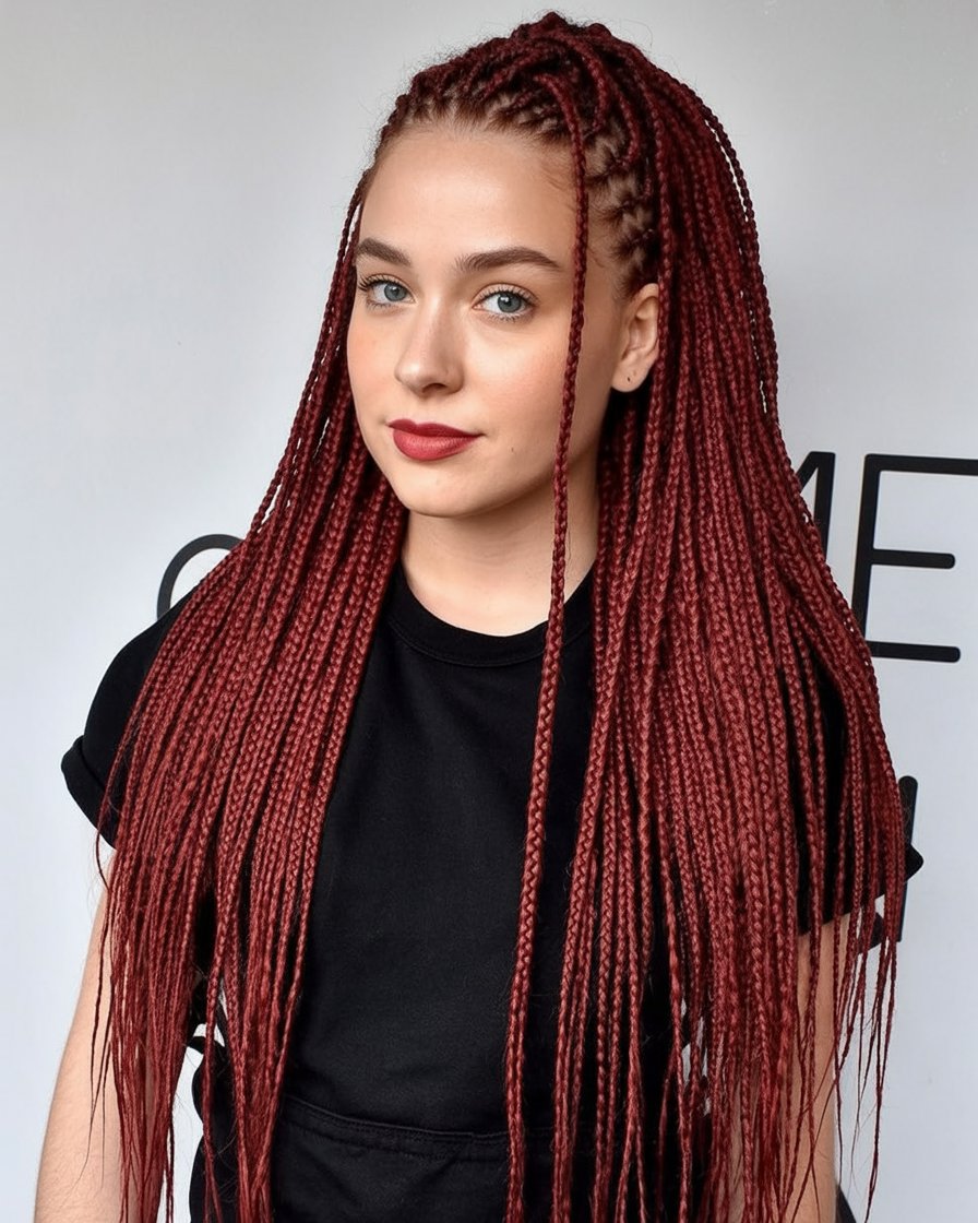 Rich burgundy box braids, medium length