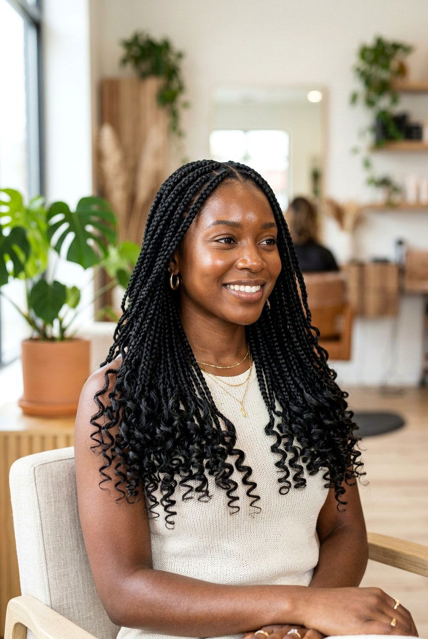 Shoulder-length box braids with soft curls