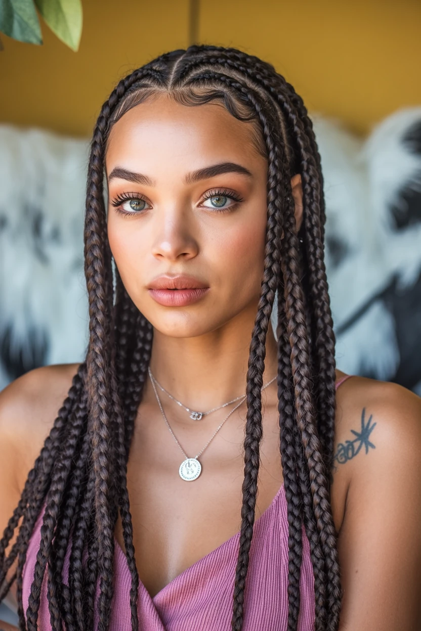 Classic long box braids with defined parts