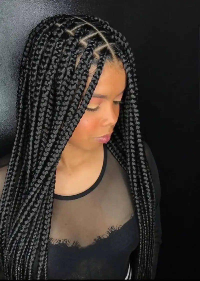 Glossy long box braids with criss-cross parts