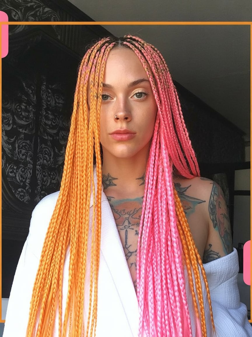 Vibrant two-tone pink and orange box braids