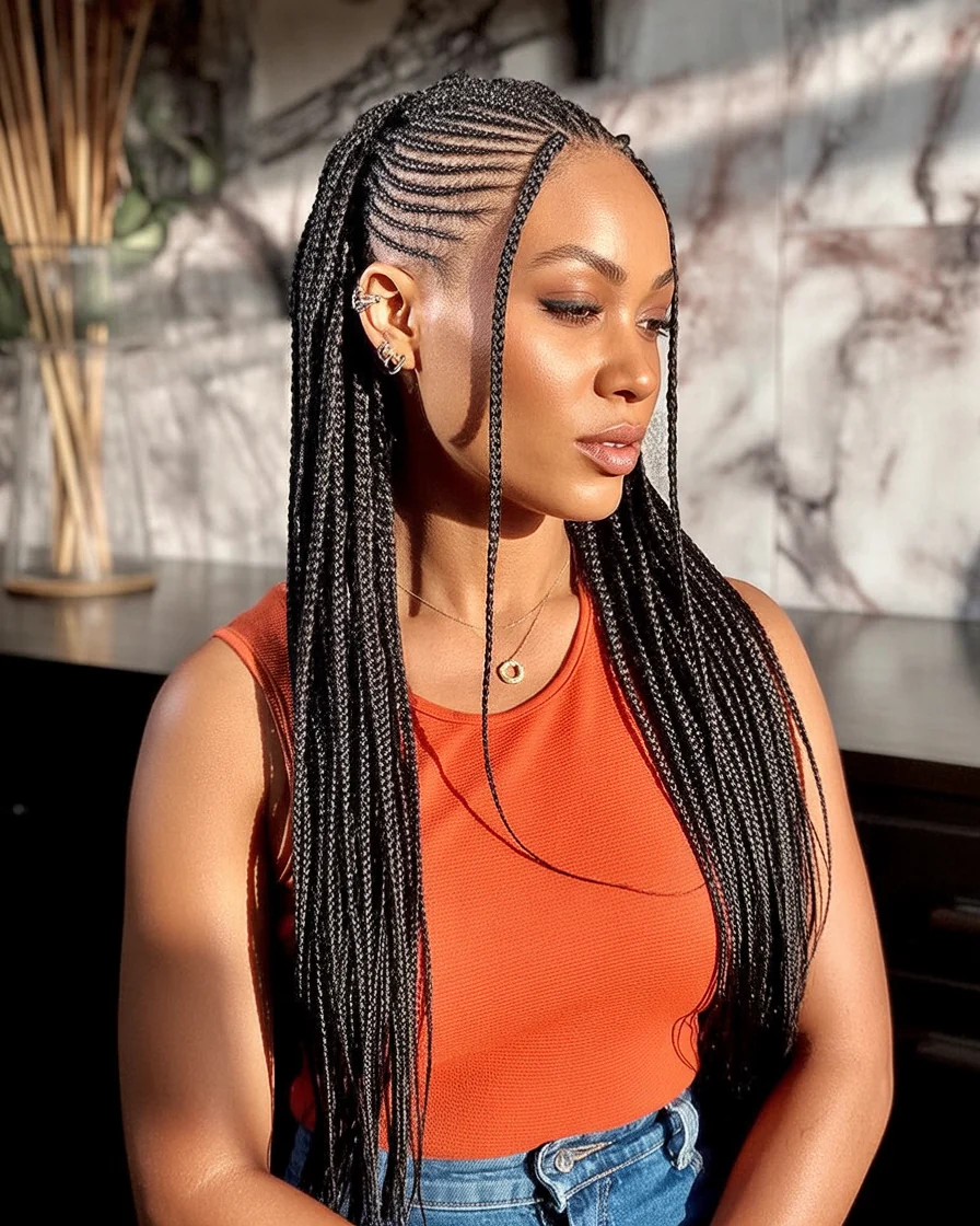 Intricate cornrows with long box braids