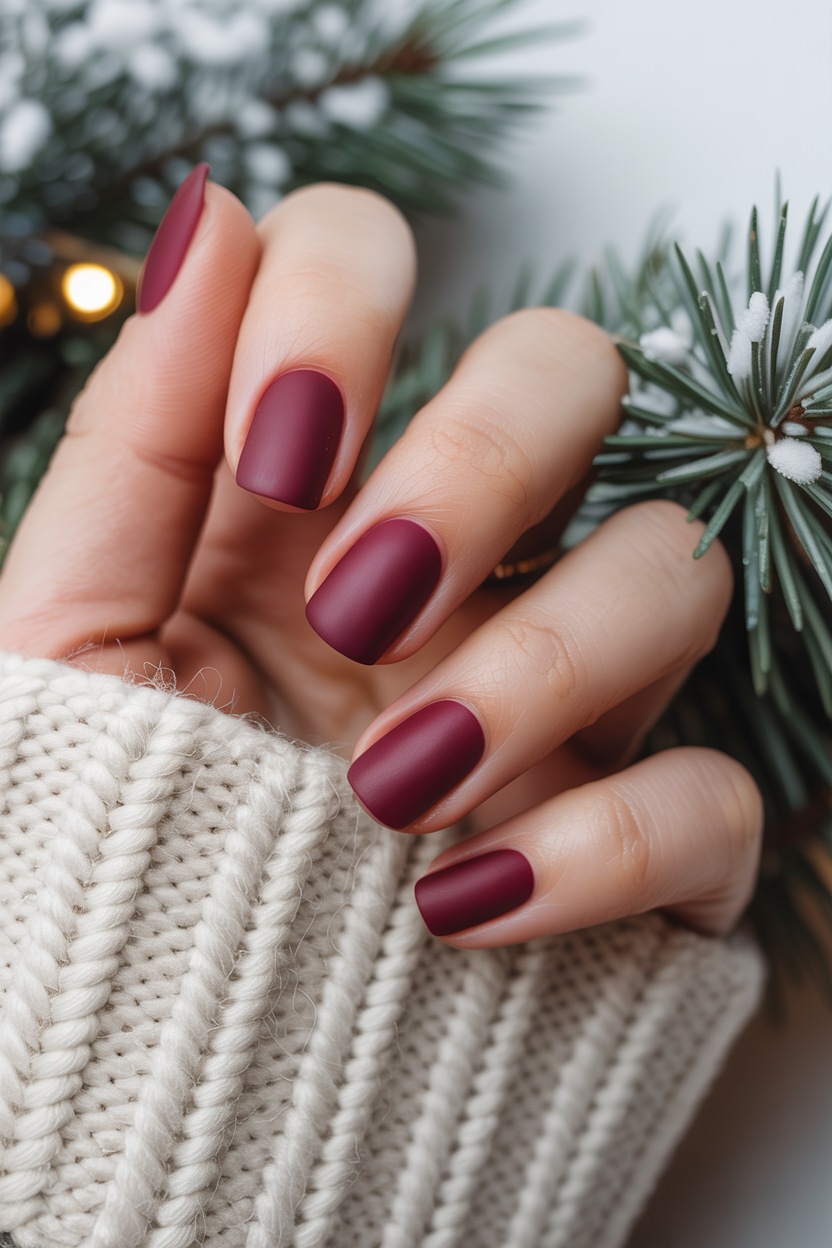 Matte burgundy nails, cozy winter nail trends