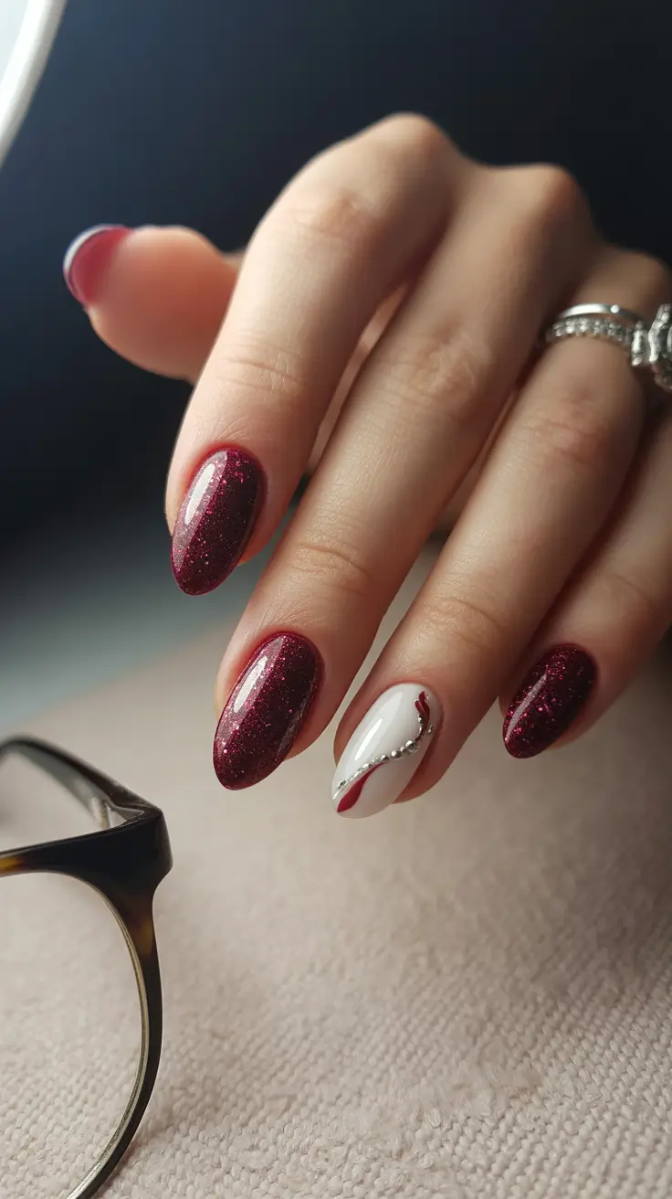 Glittering burgundy nails with chic detailing, glamorous nail art
