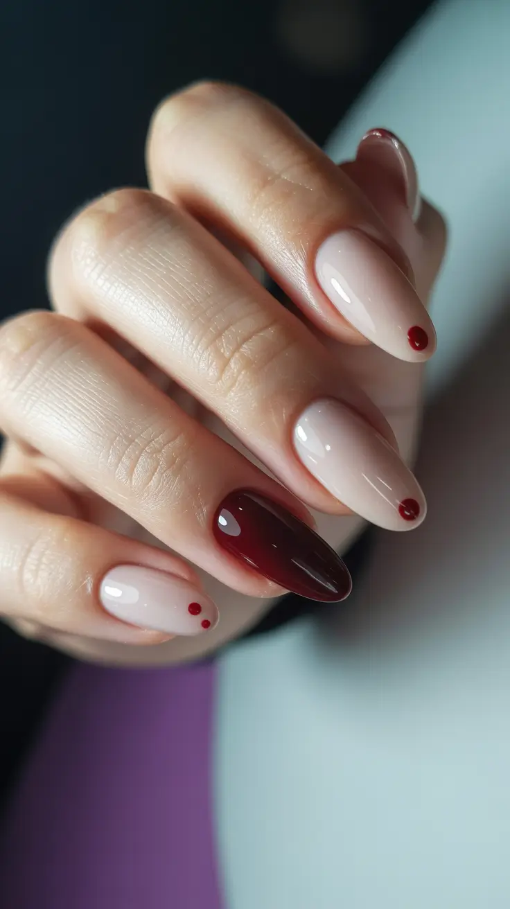 Elegant burgundy nails with nude dot design, nail art creativity