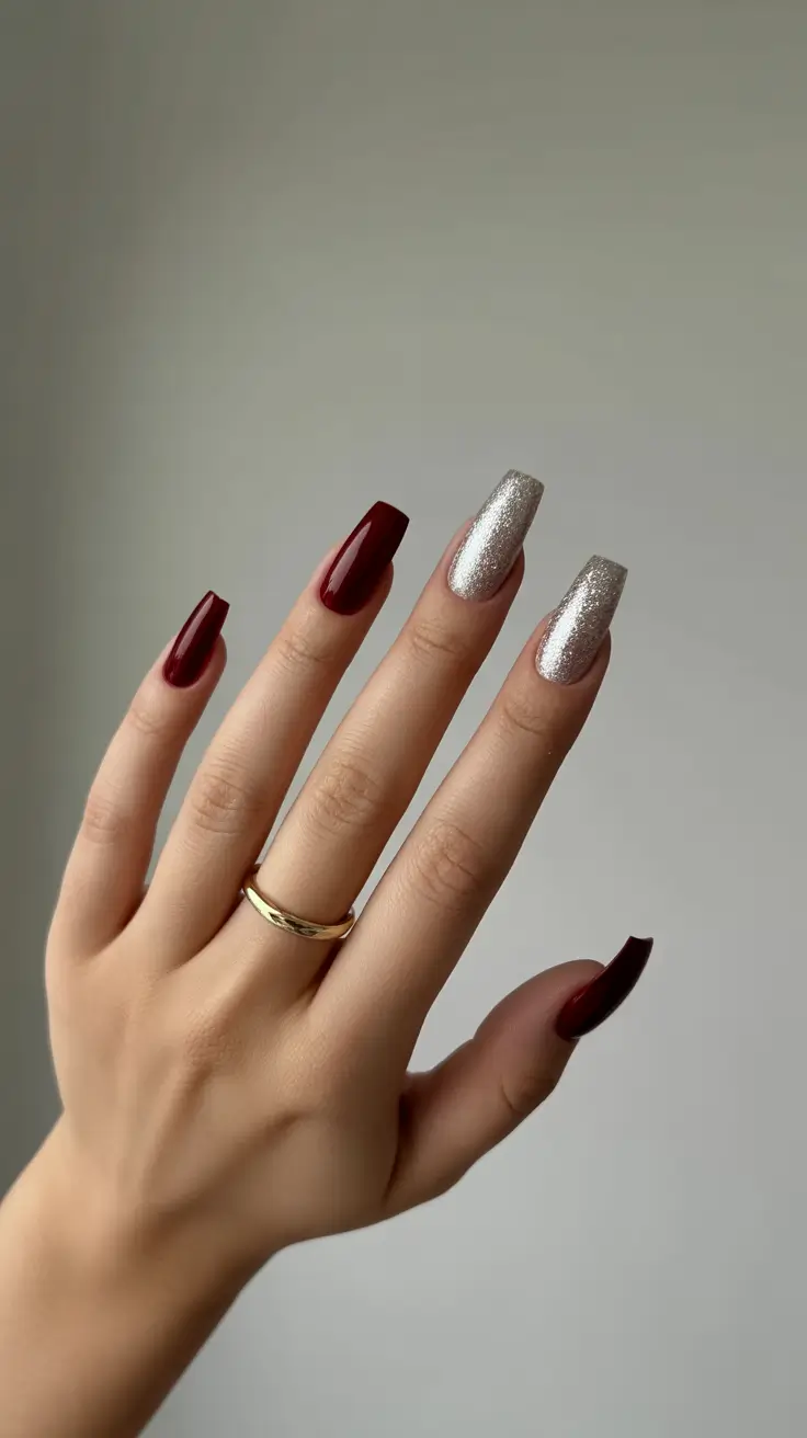 Burgundy nails with silver glitter, party-ready manicure