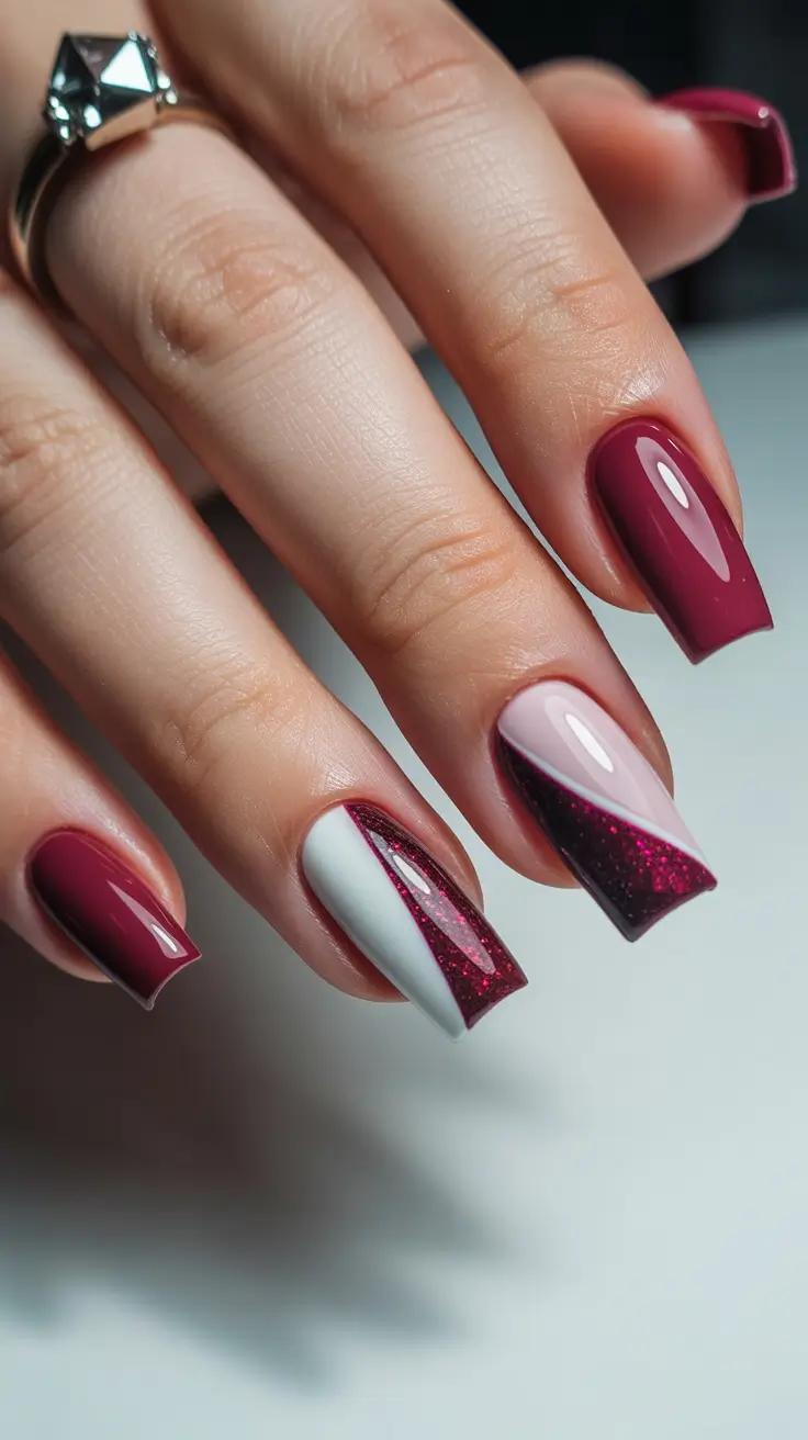 Burgundy and pink glitter chevron, modern nail art