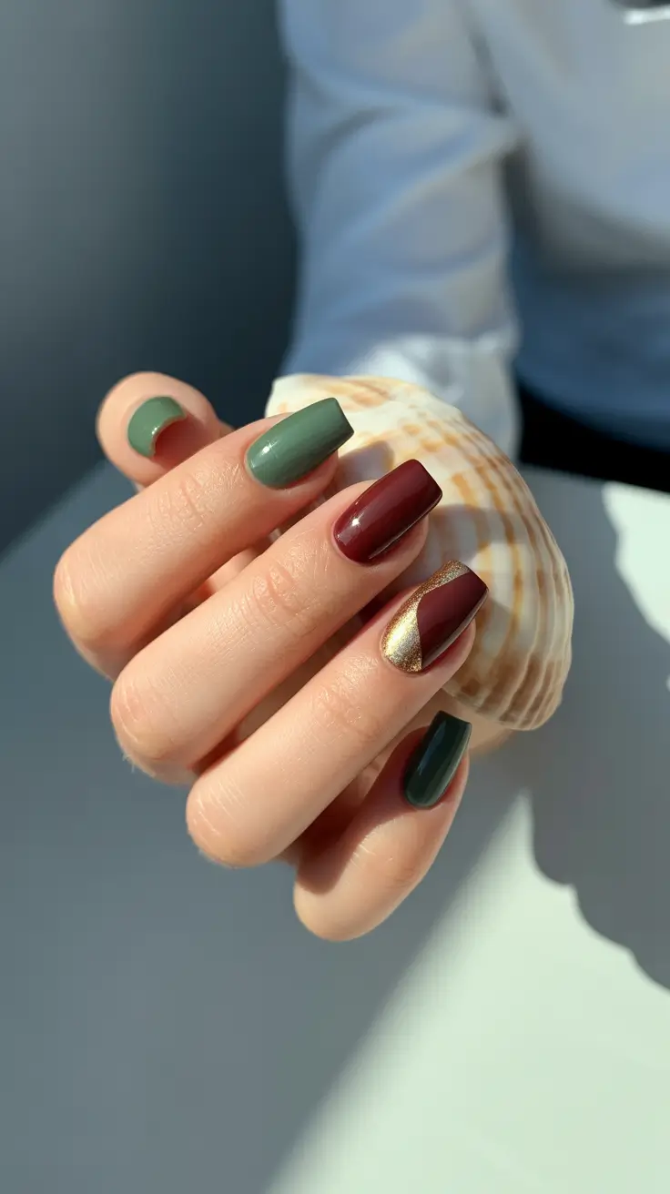 Burgundy and olive nails with gold stripe, sophisticated nail art