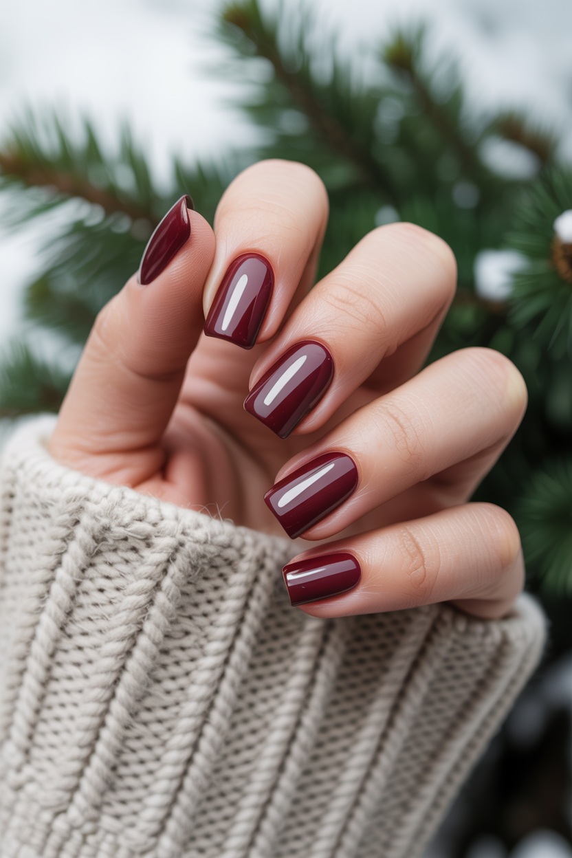 Glossy burgundy nails, classic winter style