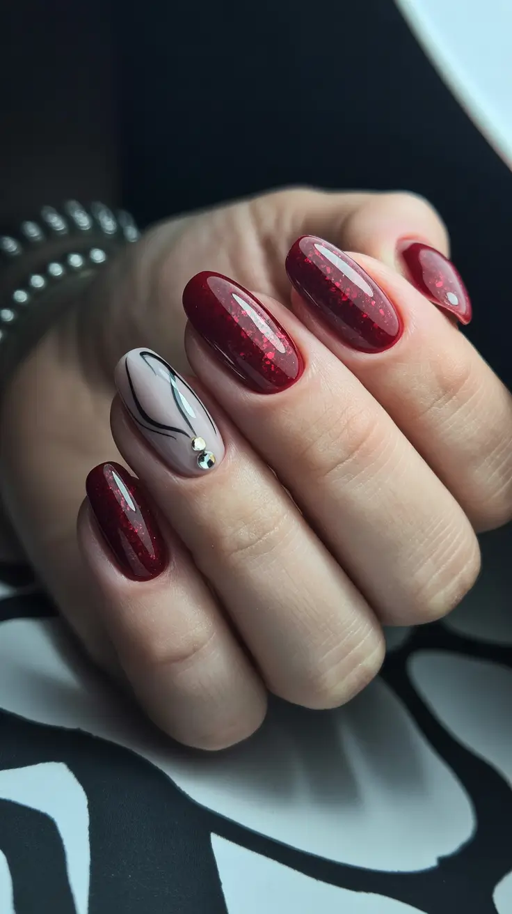 Burgundy glitter nails with abstract accent, artistic style