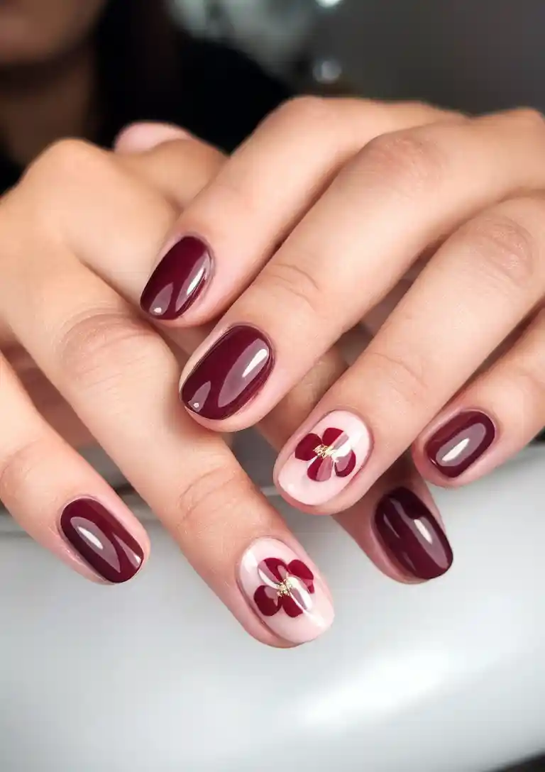 Burgundy nails with floral accent, artistic design