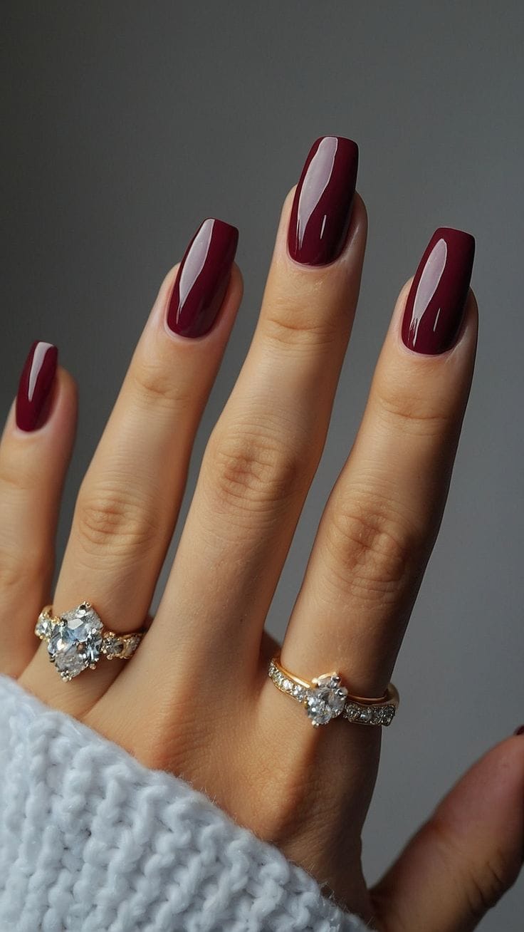 Elegant burgundy square coffin, luxurious nails
