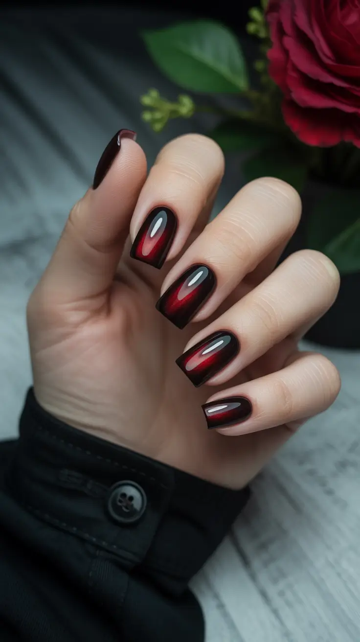 Burgundy chrome nails, reflective elegance