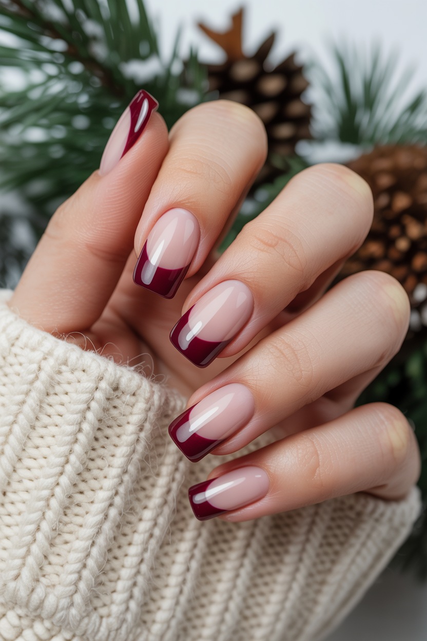 Burgundy French tips with sheer base, elegant design