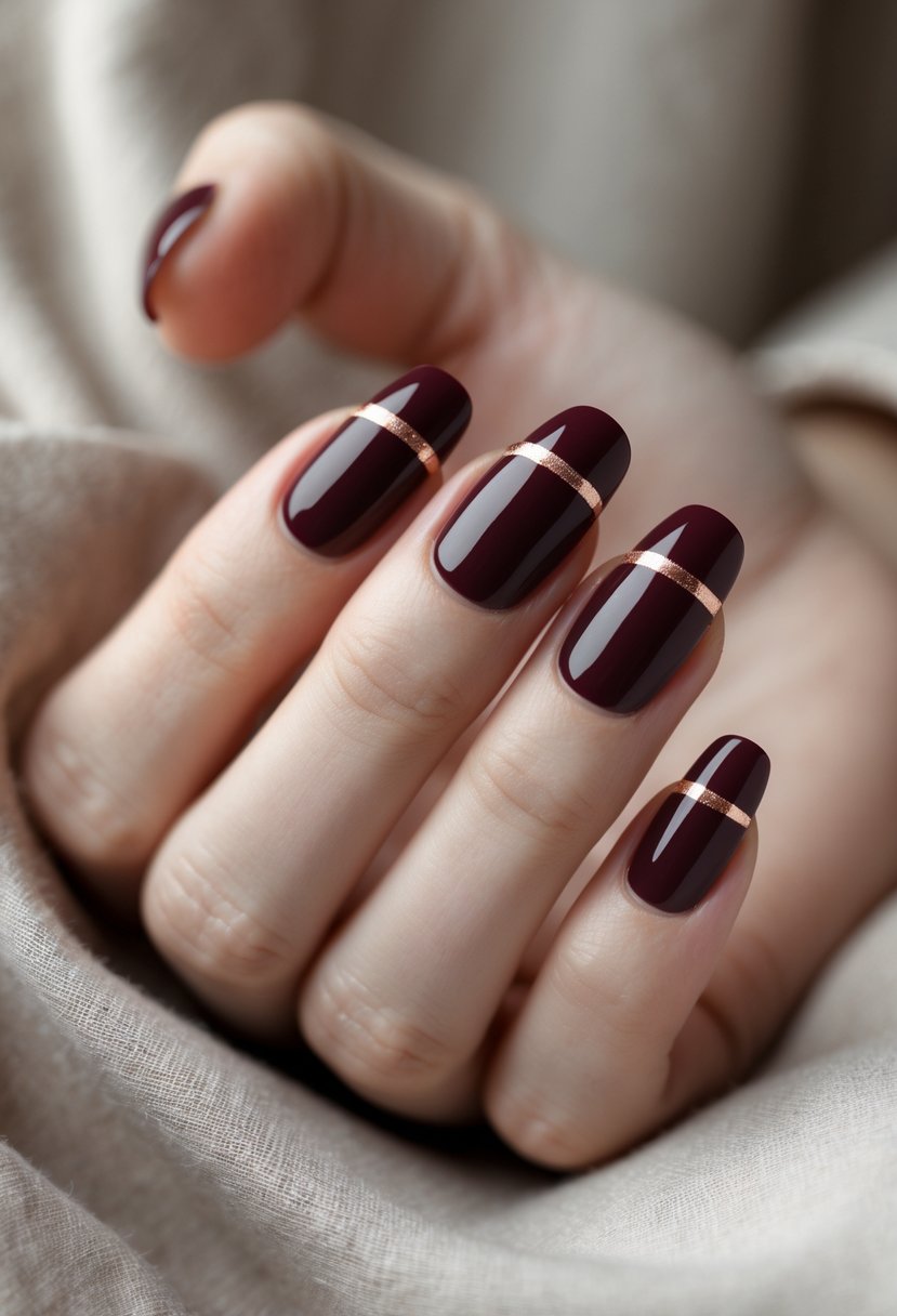 Deep burgundy nails with rose gold stripes, modern luxury