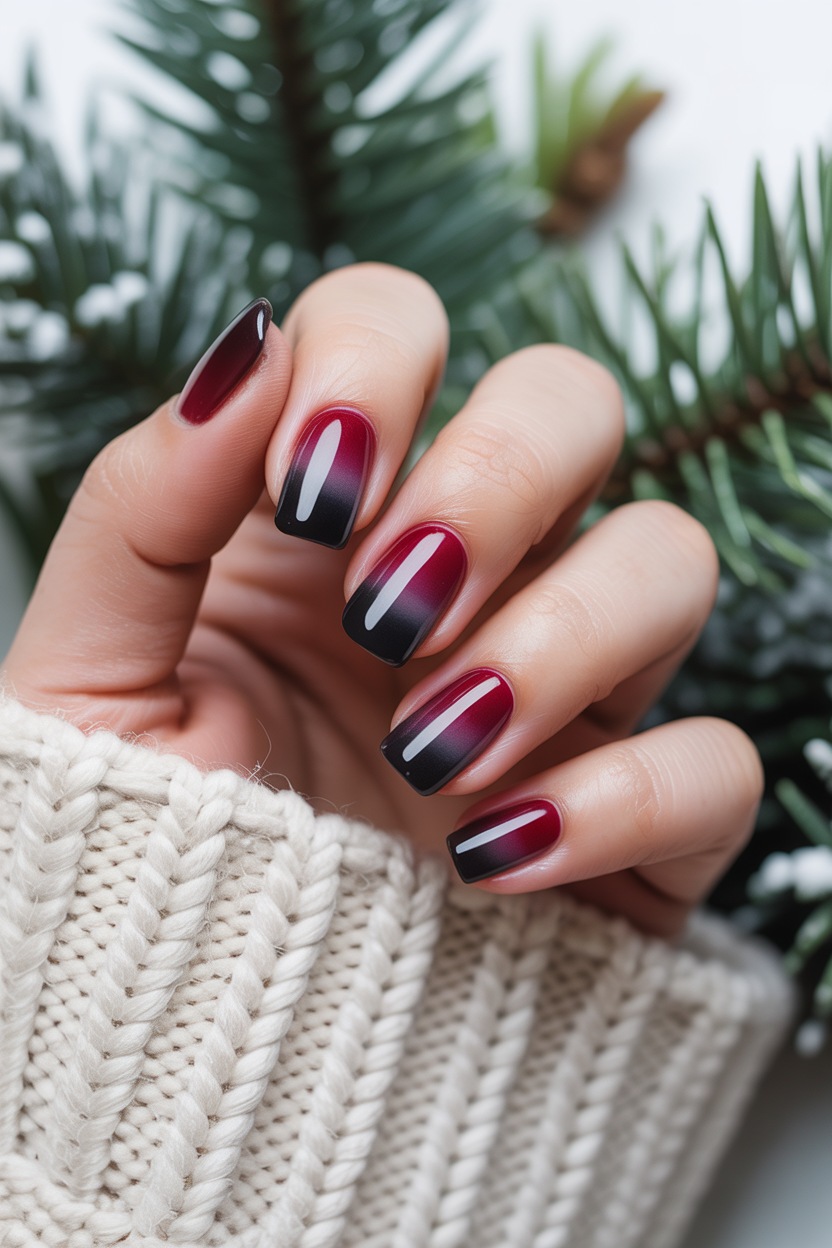 Burgundy ombre with black tips, modern gradient