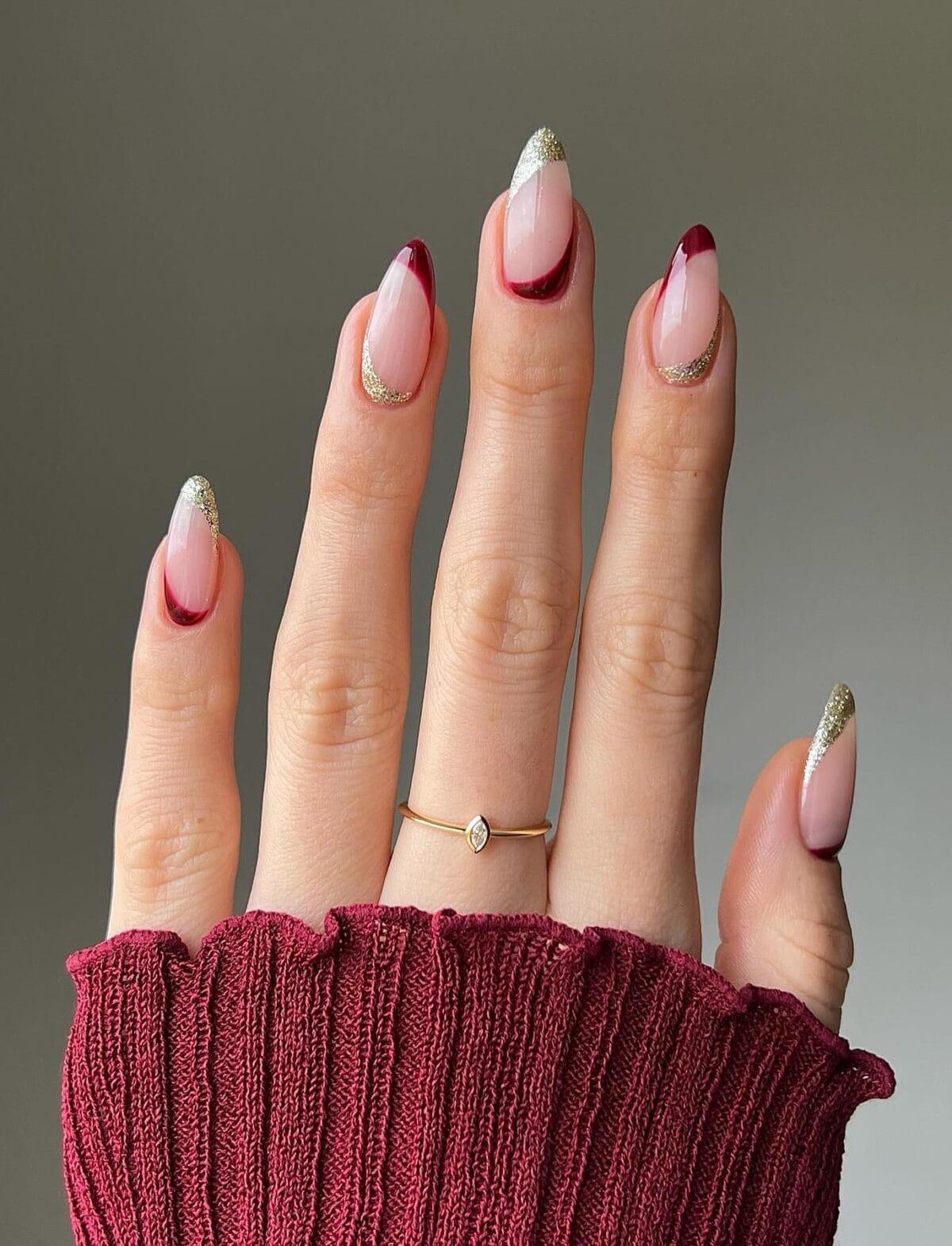 Burgundy French with glitter accents, festive elegance