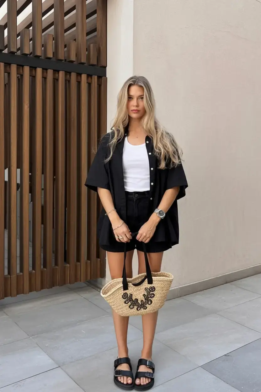 Monochrome minimalism with black shirt and shorts